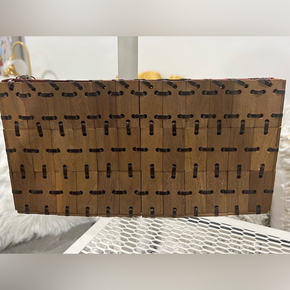 Fun wood/leather clutch; slight damage